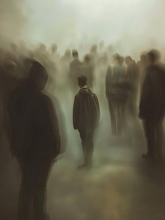 A single person stands in a crowded room, but the blurred background emphasizes their isolation.の素材