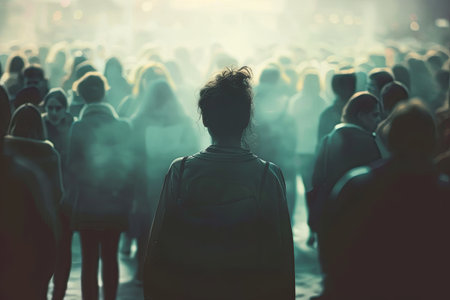 A woman stands alone in a crowded room, her silhouette outlined against a blurred background of people, highlighting her sense of isolation.の素材