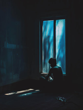 A single person sits alone in a dark room, bathed in the pale light of a window. Their face is partially obscured by shadow, adding to the sense of isolation and sadness.の素材