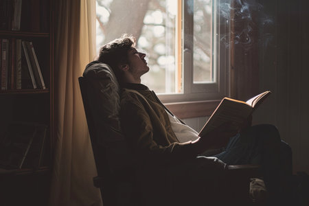 A man sits in a chair, holding a book but lost in thought, staring off into space. The room is dimly lit, creating a sense of detachment.の素材