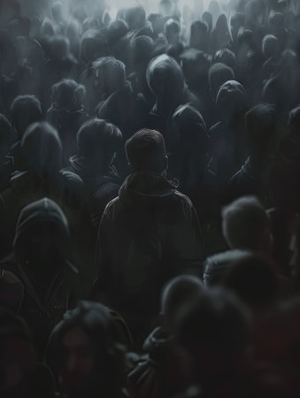 A lone individual stands in a crowded room, their back to the viewer, with the background blurred to emphasize their isolation.の素材