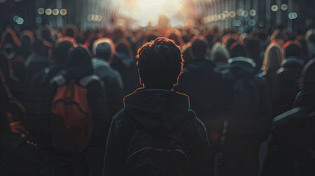 A single person stands in a dense crowd, their back turned to the camera, while the background blurs, highlighting their sense of isolation.の素材