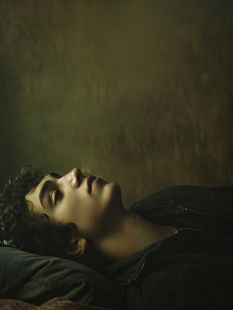 A young man lies on a bed, his eyes fixed on the ceiling, his expression blank. The room is dimly lit, creating a sense of emptiness and despair.の素材