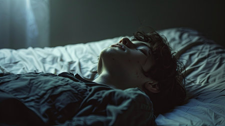 A person lies on a bed, staring blankly at the ceiling in a dimly lit room. The soft, blurred background emphasizes a feeling of emptiness and despair.の素材