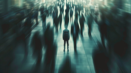 A solitary figure stands in the midst of a bustling city street, the surrounding crowd blurred and indistinct, highlighting their sense of isolation.の素材