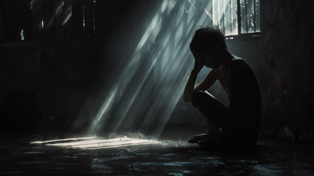 A figure sits alone in a dark room, lit by a narrow beam of light. Shadows partially obscure their face, creating a feeling of sadness and isolation.の素材