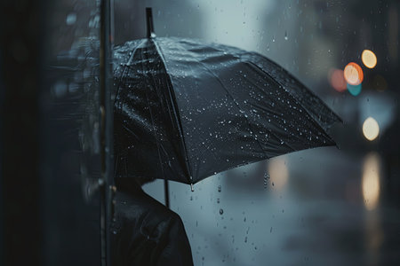 A person stands alone, hunched under a black umbrella, in the midst of a heavy downpour. The image evokes a sense of melancholy and solitude.の素材
