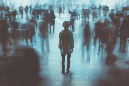 A single person stands in a crowded room, their figure in sharp focus while the surrounding crowd is blurred, emphasizing their isolation.の素材
