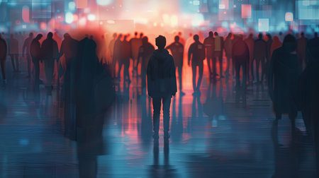A person stands alone in a bustling city street, their figure silhouetted against the vibrant, blurred lights of the surrounding crowd.の素材