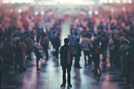 A lone figure stands in the center of a crowded room, with the background blurred to emphasize their isolation.の素材