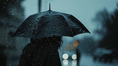 A person walks alone in the rain, holding a black umbrella overhead. Their head is down, and their shoulders are hunched, conveying a sense of melancholy.の素材