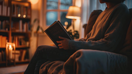 A person sits in a comfortable chair, holding a book but staring off into space, lost in thought. The warm glow of the room creates a sense of peace and detachment.の素材
