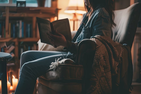 A woman sits in a comfy armchair, holding a book but staring off into space. The soft lighting of the room adds to her sense of detachment.の素材