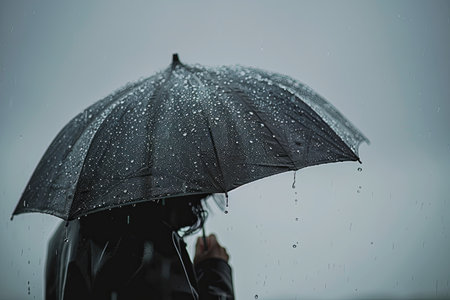 A person stands alone in the rain, their head bowed and shoulders hunched, seeking shelter under an umbrella.の素材