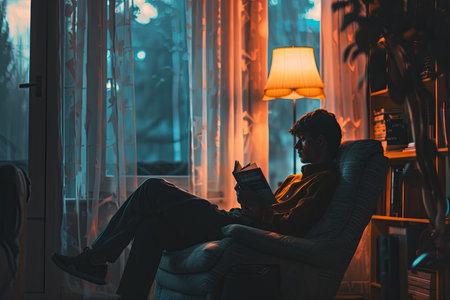 A man sits in a chair, holding a book but lost in thought, staring off into the distance. The room is dimly lit and cozy, emphasizing the mans sense of detachment.の素材