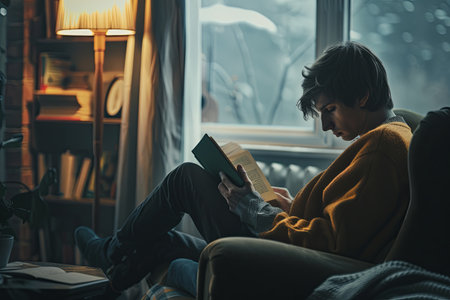 A man sits in a cozy chair with a book, lost in thought. The warm and inviting room with soft lighting adds to his sense of detachment.の素材