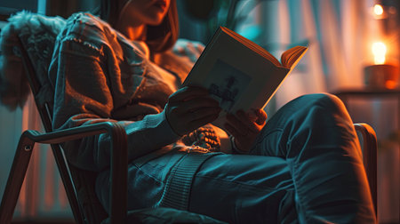 A person sits in a chair, holding a book but staring off into space, seemingly lost in thought. The warm, soft lighting creates a cozy atmosphere.の素材