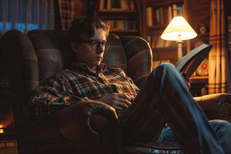 A young man sits in a leather armchair, holding a book but lost in thought. Warm light from a lamp illuminates the cozy room, creating a sense of detachment.の素材