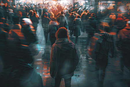 A single person stands alone in a crowded city, their figure in sharp focus while the surrounding crowd is blurred, highlighting their isolation.の素材
