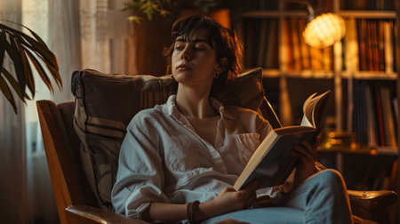 A young woman sits in a comfortable chair, holding a book but staring off into space, lost in thought. The warm, inviting room creates a sense of peaceful detachment.の素材
