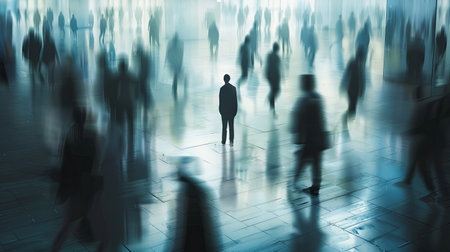 In a busy city crowd, a solitary figure stands, isolated and detached. The blurred background highlights their loneliness amidst the chaos.の素材