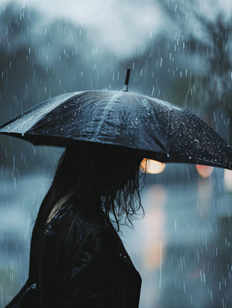 A person walks alone in the rain, holding an umbrella overhead, their head down and shoulders hunched.の素材