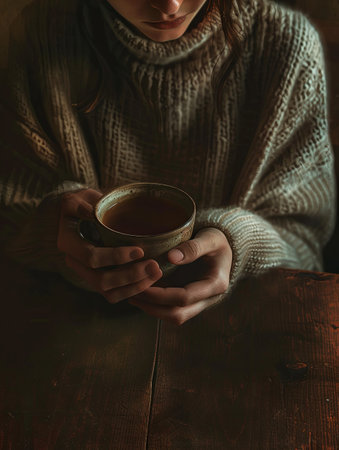A woman sits at a wooden table in dim lighting, her hands cupped around a mug of tea. The soft light creates a warm but melancholic atmosphere.の素材