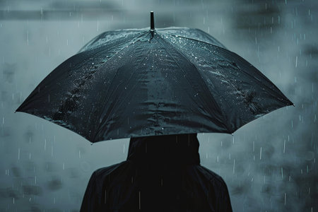 One person alone in the rain, head down and shoulders hunched, seeking shelter under a black umbrella. Gray sky and falling rain add to the mood.の素材