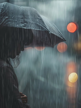 A person stands alone in the rain, their head down and shoulders hunched, seeking shelter under a black umbrella.の素材