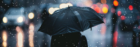 A lone person walks through the rain, holding an umbrella and looking down, conveying a sense of melancholy and solitude.の素材