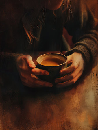 A person sits at a table, their hands cupping a warm mug of tea. The light casts a warm but melancholic glow on the scene.の素材
