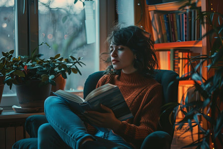 A woman sits in a comfortable chair, holding a book but staring into space, lost in thought. The warm, inviting room creates a sense of detachment and peace.の素材