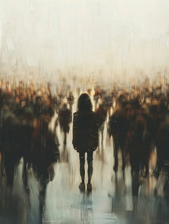 A person stands alone in a crowd, their figure in focus while the surrounding people are blurred, highlighting their isolation.の素材