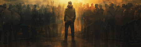 A single person stands in a crowded room, their silhouette clear against a blurred background, highlighting their sense of isolation.の素材