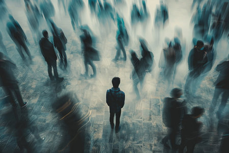 A single person stands alone in a crowded public square, their form sharply defined against the blurred, rushing masses around them.の素材
