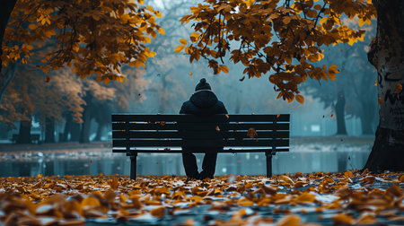 A person sits alone on a park bench, their face obscured by shadows, as autumn leaves fall around them.の素材