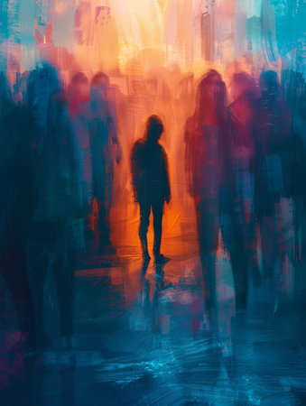 A single person stands alone in a crowded room, their figure silhouetted against a blurred background of brightly lit figures.の素材