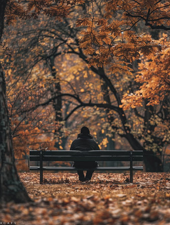 A lone person sits on a bench in the woods, their face obscured by shadow as sunlight streams through the trees.の素材