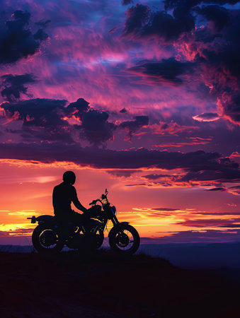 A man sits on his motorcycle, silhouetted against a vibrant sunset sky. He gazes out at the distant landscape, enjoying the peaceful and dramatic scene.の素材