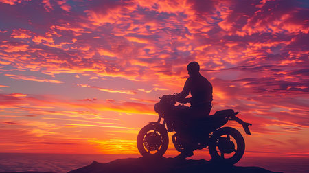 Silhouette of a man sitting on a motorcycle overlooking a breathtaking sunset, the vibrant sky creating a dramatic and peaceful scene.の素材