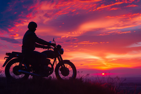 A silhouette of a man sitting on a motorcycle, parked on a hill overlooking a vibrant sunset.の素材