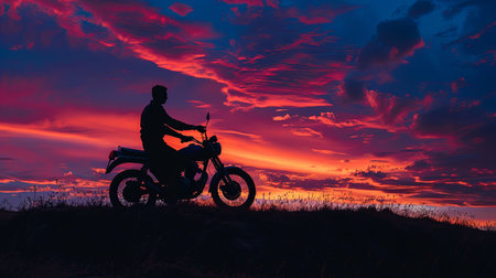 A lone motorcyclist sits on their bike, silhouetted against a vibrant sunset. The scene captures a moment of peace and contemplation.の素材