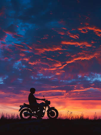 A silhouette of a man sitting on a motorcycle, parked on a hill overlooking a vibrant sunset.の素材