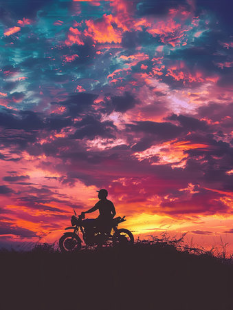 A silhouette of a man sitting on a motorcycle, parked on a hill overlooking a vibrant sunset.の素材