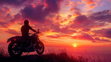 A lone motorcyclist sits on their bike, taking in the stunning sunset over a distant landscape. The warm hues of the sky create a peaceful and dramatic scene.の素材