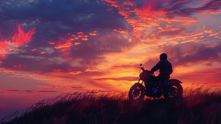 A lone motorcyclist sits on their bike, against a vibrant sunset. The sky is ablaze with hues of orange, pink, and purple, creating a dramatic backdrop.の素材