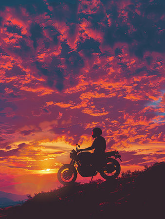 A silhouette of a man sitting on a motorcycle, parked on a hill overlooking a vibrant sunset.の素材