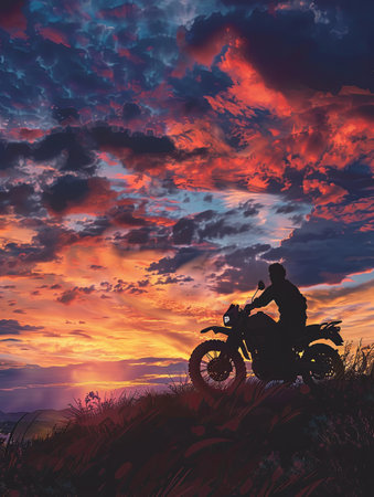 A lone motorcyclist sits on their bike, overlooking a vibrant sunset on a hilltop.の素材