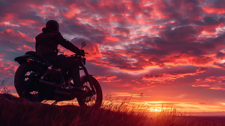 The lone motorcyclist rests on their bike on a hill, watching a vibrant sunset sky of orange, pink, and purple, in a peaceful scene.の素材