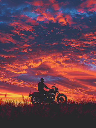 A solitary motorcyclist sits on their bike, silhouetted against a vibrant sunset. The sky is ablaze with orange, pink, and purple hues, creating a dramatic and peaceful scene.の素材